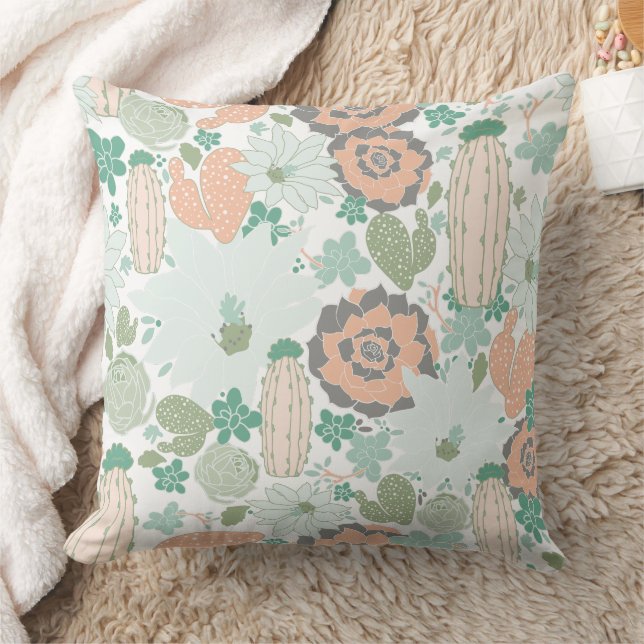 Coussin Cactus Motif Imprimer Coral Mint Vert Blanc (Couverture)