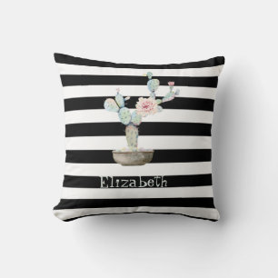 Coussin Cactus, Succulente Rayures Noires et Blanches