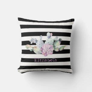 Coussin Cactus, Succulente Rayures Noires et Blanches