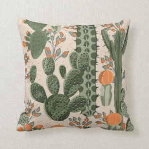 Coussin Cactus succulents vintages verts et fleurs oranges