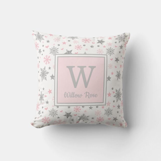 Coussin Cadeau argenté rose de flocons de neige d'hiver de (Recto)