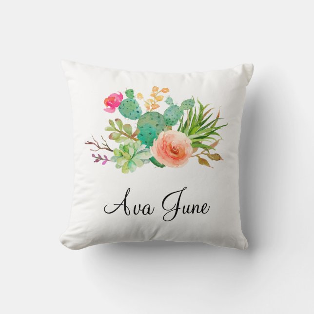 Coussin Cadeau de fille de bébé personnalisé, nom de cactu (Recto)