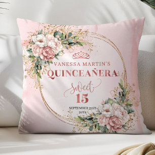 Coussin Cadeau de Quinceañera floral or rose pour fille