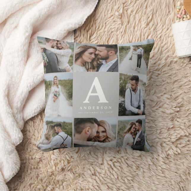Coussin Cadeau famille mariage multiphoto monogramme (Couverture)