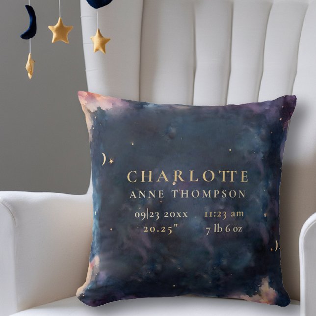 Coussin Cadeaux célestes Statistiques de naissance Garde N (celestial baby birth stats keepsake throw pillow twinkle star moon cosmos galaxy nursery decor)