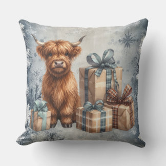 Coussin Cadeaux de vache Highland bleue d'hiver