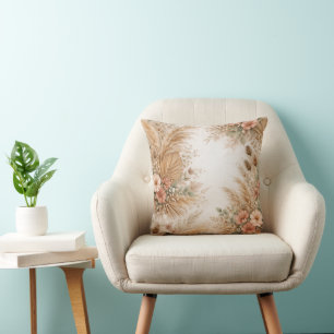 Coussin Cadre floral de pampas boho rose pêche