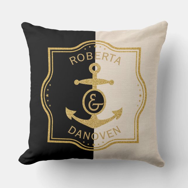 Coussin Cadre Or & Ancre Sur arrière - plan Noir & Beige (Recto)