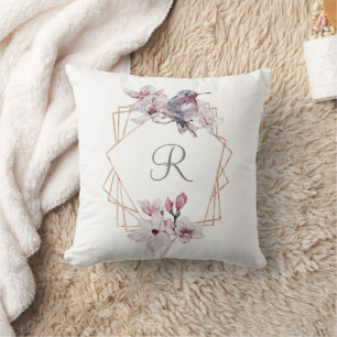Coussin Cadre Orné de Magnolias Roses Blanches et Oiseaux 