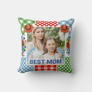 Coussin Cadre photo fleuri et à carreaux pour la fête des