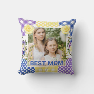 Coussin Cadre photo fleuri et à carreaux pour la fête des
