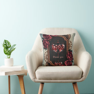 Coussin Cadre Steampunk avec Roses rouges et Engrenages
