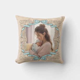 Coussin Cadre vintage bleu bébé avec nœud mère et enfant