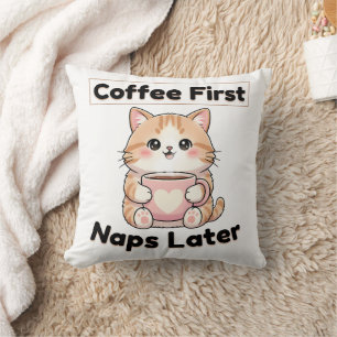 Coussin Café d'abord, siestes plus tard Mignon Chat Kawa