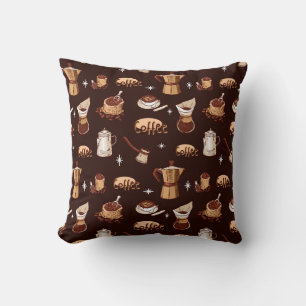 Coussin Cafetière, haricots & tasse dessinés à la main
