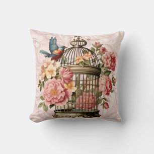 Coussin Cage à oiseaux floral aquarelle vintage romantique
