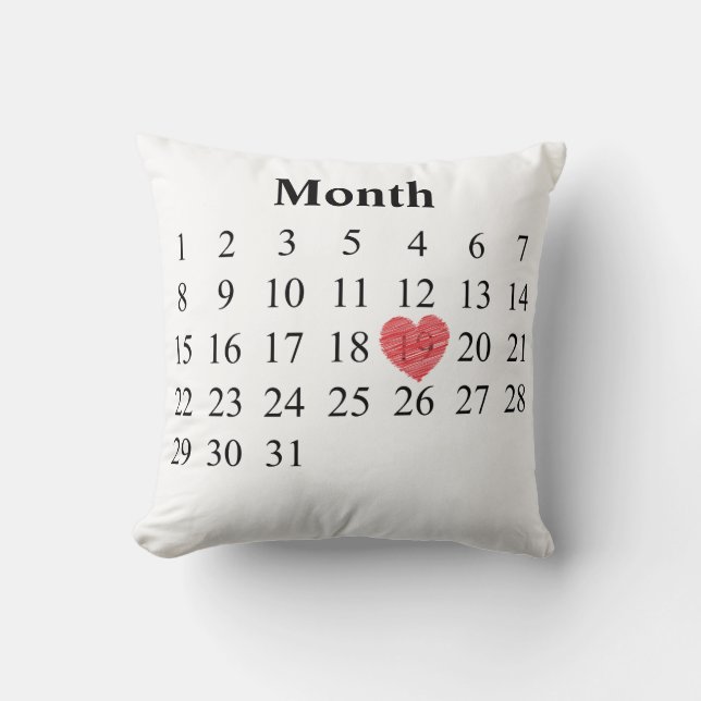 Coussin calendrier de mois de 31 jours - déplacez le coeur (Recto)