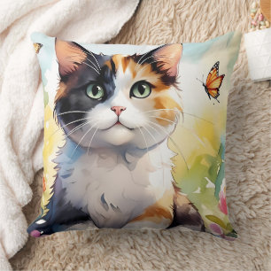 Coussin Calico Cat dans le jardin de printemps avec papill