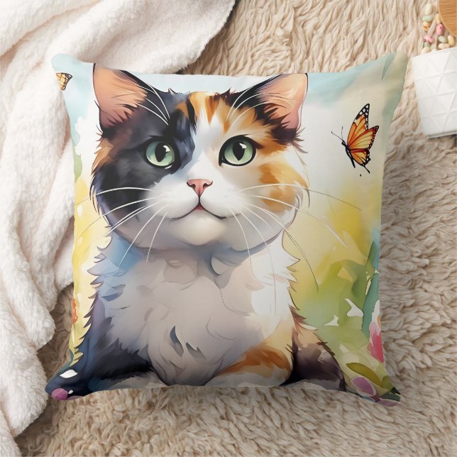 Coussin Calico Cat dans le jardin de printemps avec papill (Couverture)