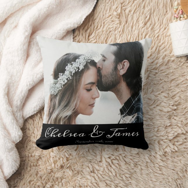 Coussin Calligraphie moderne Overlap Photo Couple Mariage (Couverture)