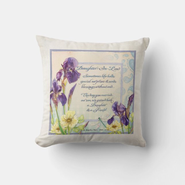 Coussin Calligraphie Verse fille en droit Iris aquarelle (Recto)