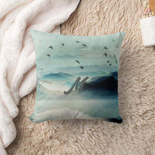 Coussin Calme Monogramme Nature Aquarelle paysage de monta (Couverture)