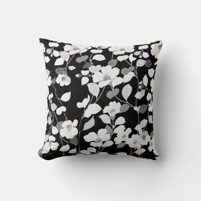 Coussin CAMELLIAS BLANCS NOIRS, Floral FEUILLE monochrome (Recto)
