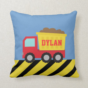 Coussin Camion à benne jaune et rouge, pour enfants