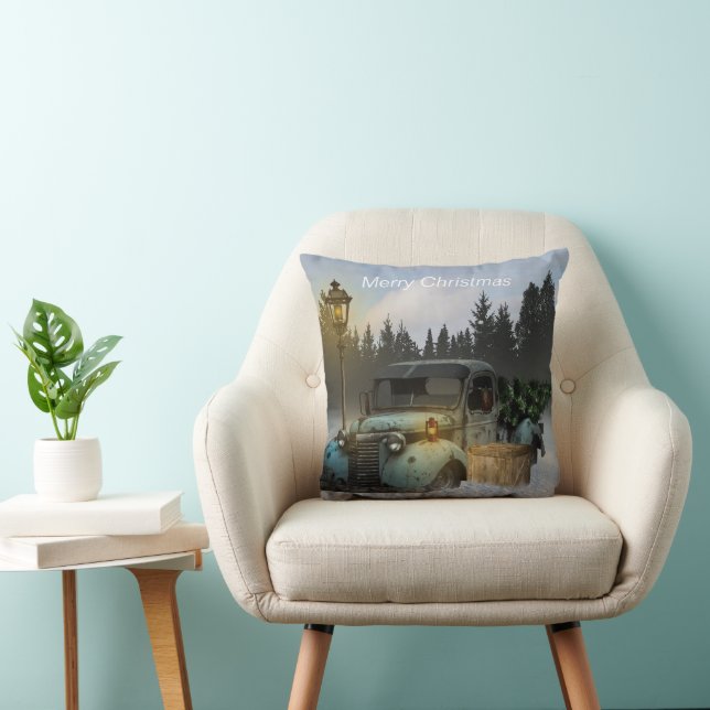 Coussin Camion bleu classique avec sapin de Noël. (Chaise)