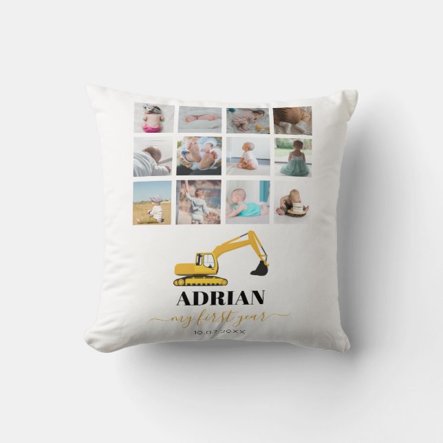 Coussin Camion Excavateur Bébé Première année Photo Collag (Recto)
