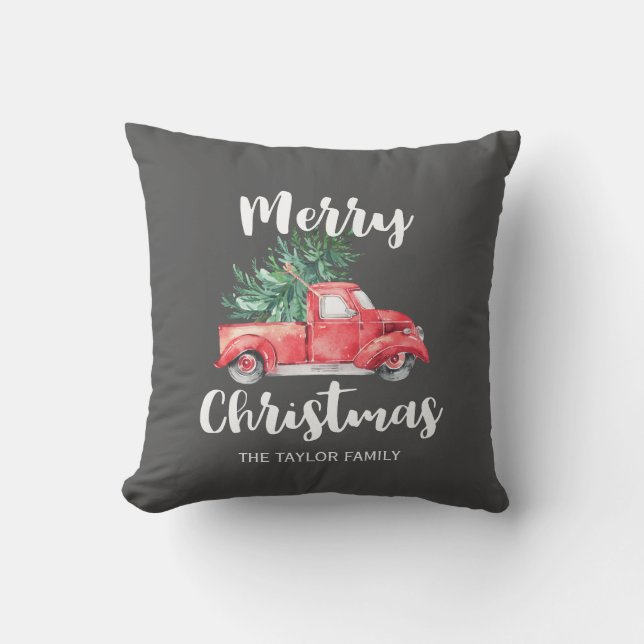 Coussin Camion rouge et arbre | Noël gris (Recto)
