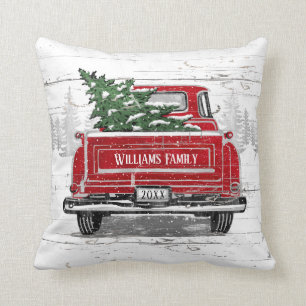 Coussin Camion rouge vintage avec arbre de Noël Nom de fa
