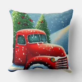 Coussin Camion rouge vintage de Noël et arbres enneigés