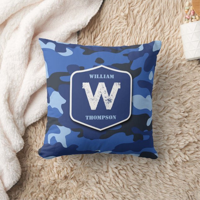 Coussin Camouflage bleu Camo Motif de l'armée Monogramme (Couverture)
