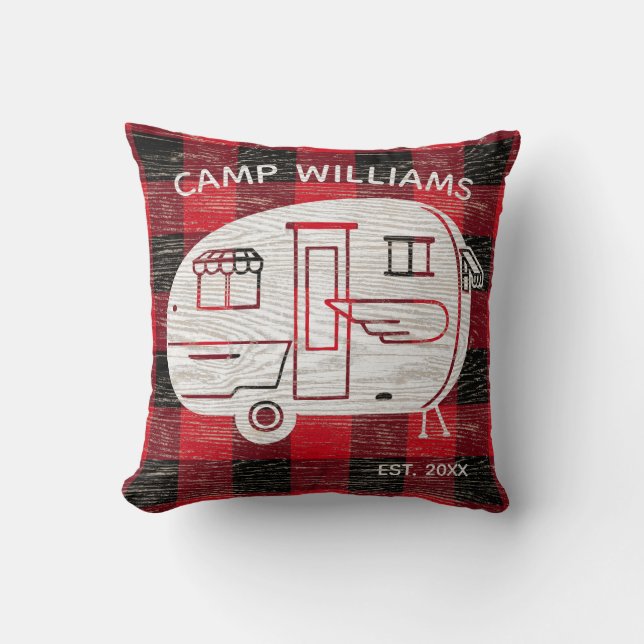 Coussin Camp Rustic Red Black Buffalo Plaid Nom de famille (Recto)