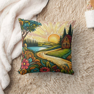 Coussin Campagne animée à l'aube avec un cabine confortabl