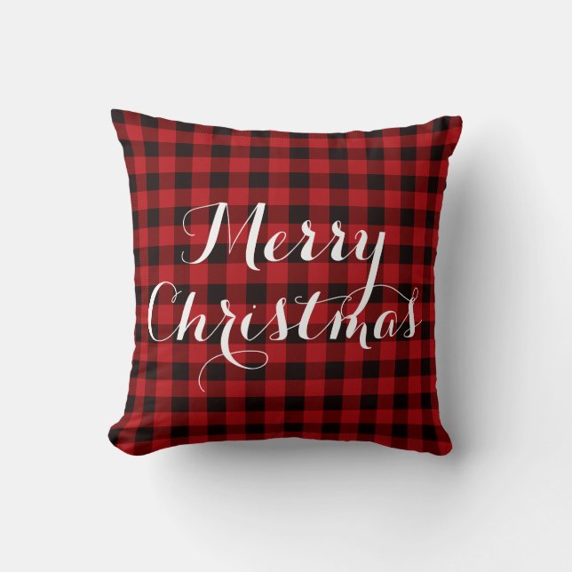Coussin Campagne rouge et noir plaid - Joyeux Noël (Recto)