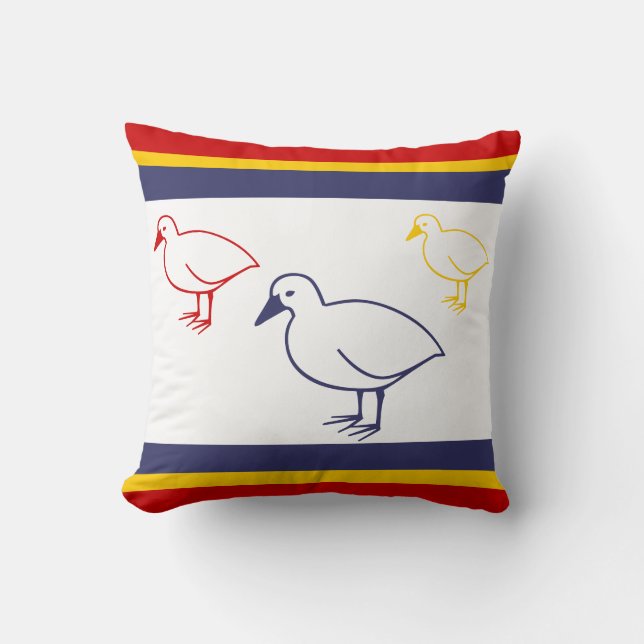 Coussin Canards bleu marine, jaune et rouge sur blanc (Recto)