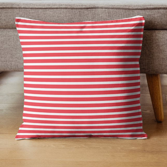 Coussin Cane de bonbon rouge et blanc rayé horizontal simp (Créateur téléchargé)