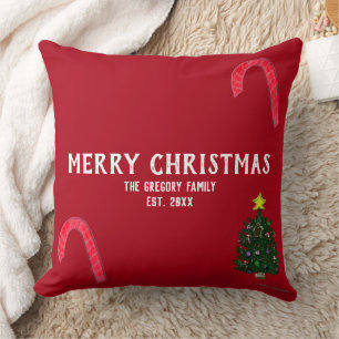 Coussin Canne à Sucre de l'Arbre de Noël Famille NOM Rouge