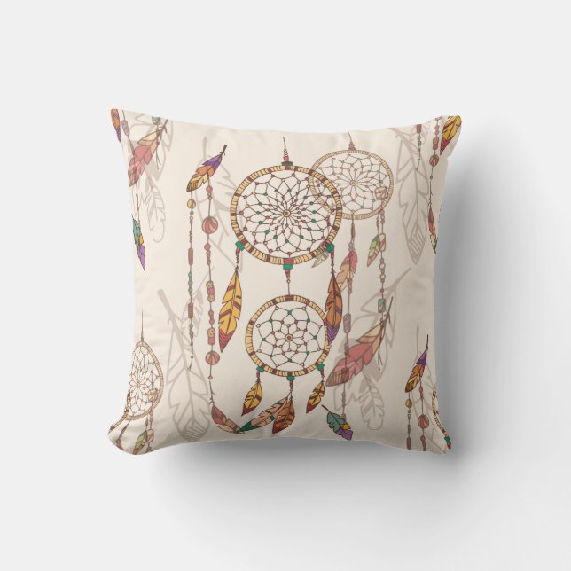 Coussin Capteur de rêve bohème avec perles et plumes, se (Recto)