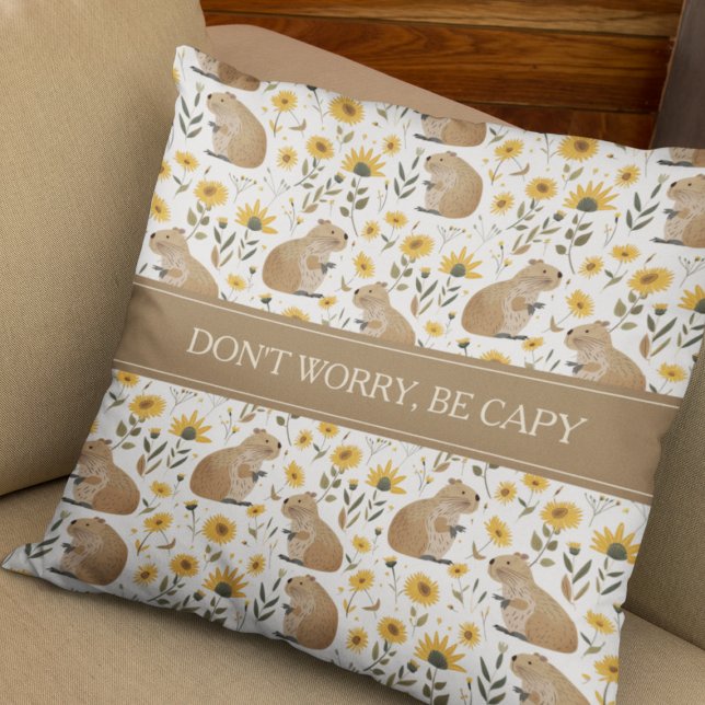 Coussin Capybara Inspirant Drôle (cute funny inspirational capybara floral pillow with sunflower pattern, don't worry be happy)