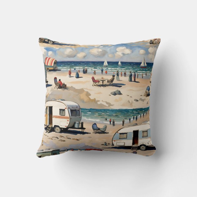 Coussin Caravane vintage sur la plage (Verso)