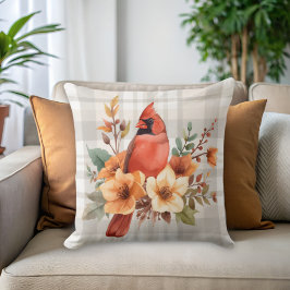 Coussin Cardinal d'aquarelle avec Fleurs d'automne et Plai