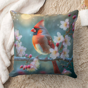 Coussin Cardinal masculin en fleurs de cerisiers au clair