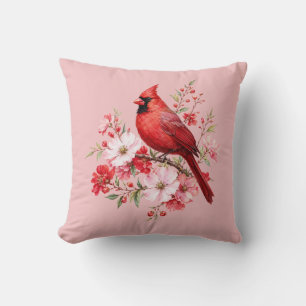 Coussin Cardinal Rouge Floral Ornithologue Aquarelle Natur