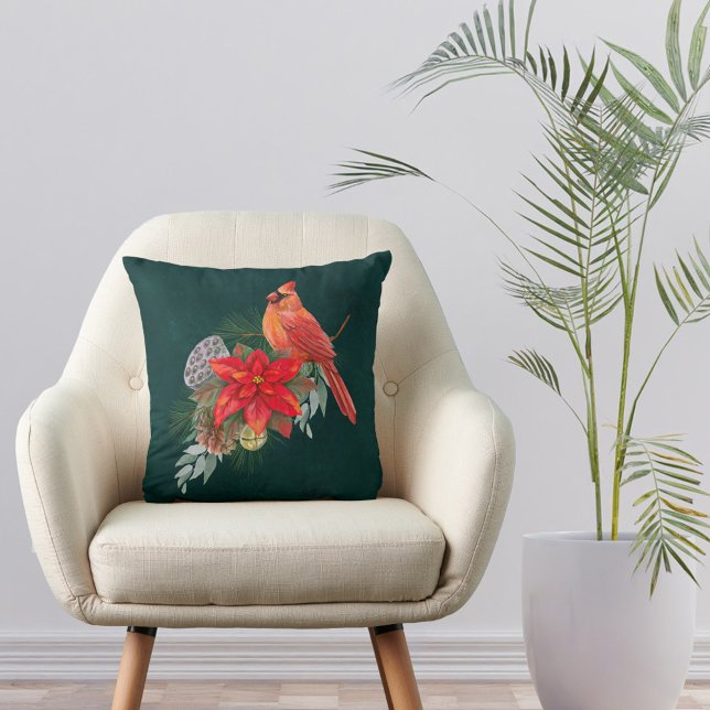 Coussin Cardinal Rouge Poinsettia Verdure Noël (Créateur téléchargé)