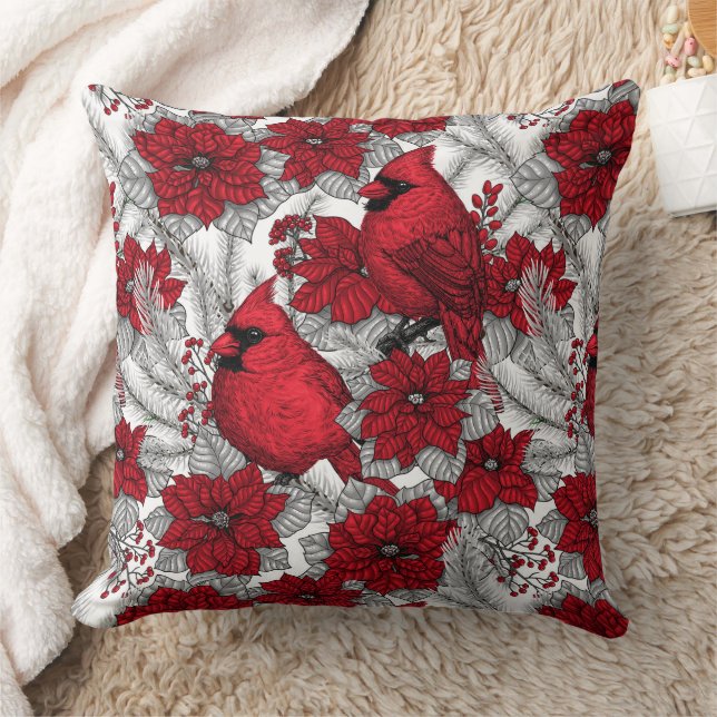 Coussin Cardinaux et poinsettia en rouge et blanc (Couverture)