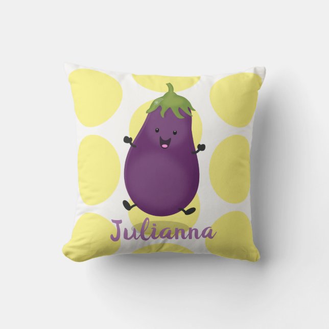 Coussin Caricature d'aubergine d'aubergine joliment heureu (Recto)