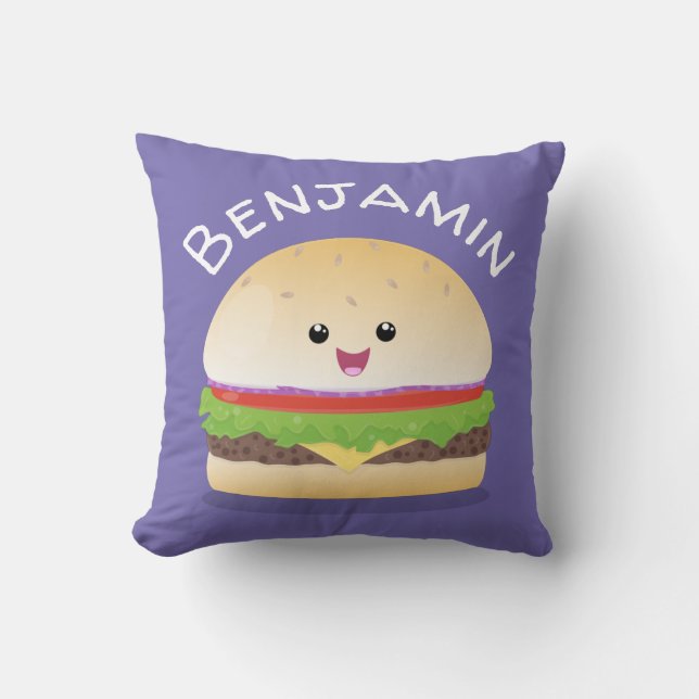 Coussin Caricature de hamburger kawaii joyeux (Recto)
